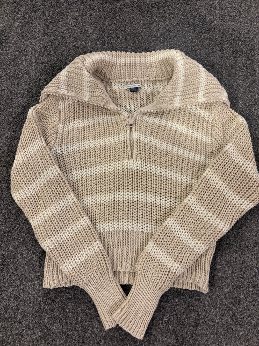 American Eagle Outfitters Cream and Beige Half-Zip Chunky Knit Sweater